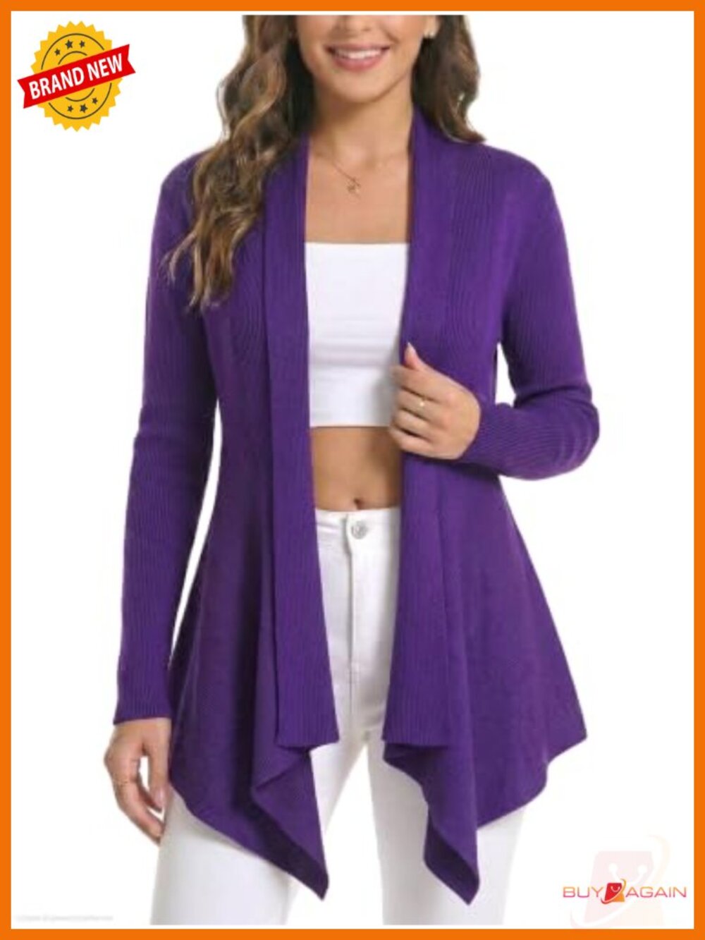 Ribbed Knit Open Front Draped Cardigan Asymmetrical Hem Business Casual